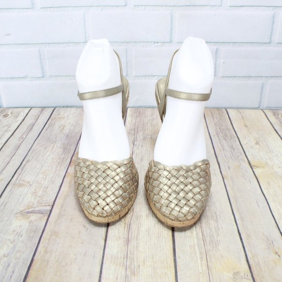 Michael Kors Gianna Gold Woven Leather Heeled Ankle Strap Cork Sandals Size 7.5 - Picture 4 of 8
